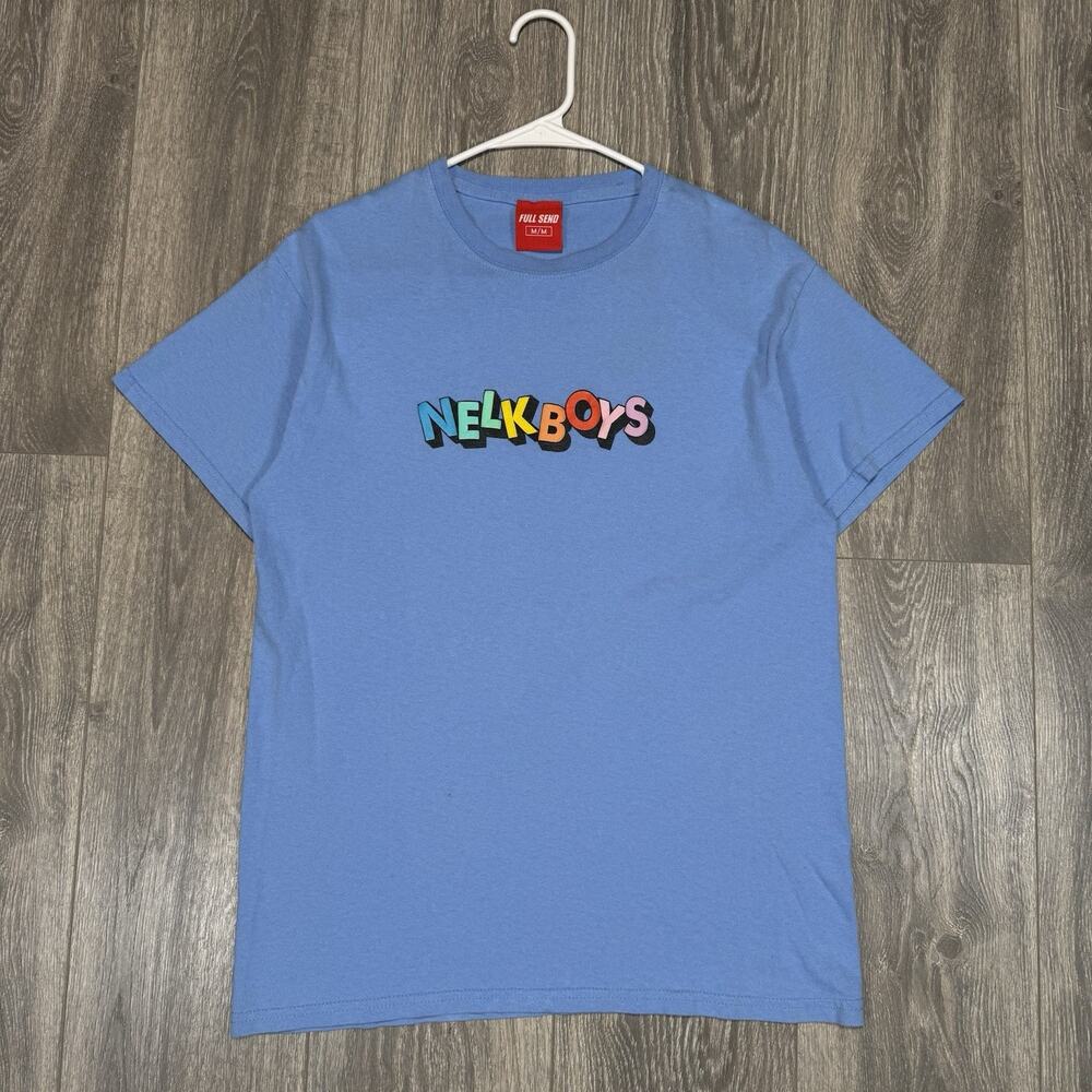 Full Send Nelk Boys Rainbow Letters Blue T-Shirt Size Medium Frat Sendy Skater